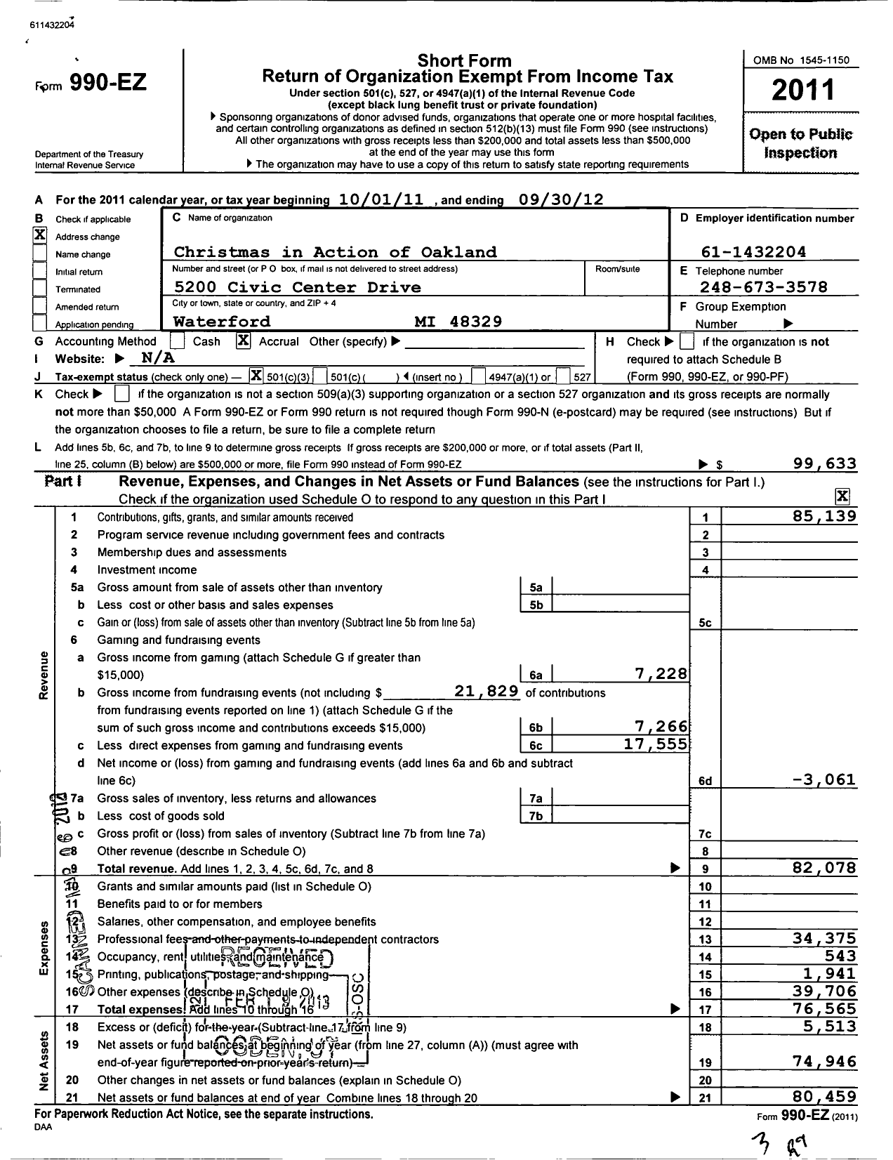 Image of first page of 2011 Form 990EZ for Christmas in Action of Oakland County