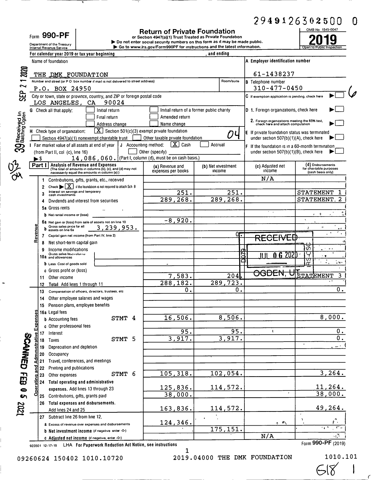 Image of first page of 2019 Form 990PF for The DMK Foundation