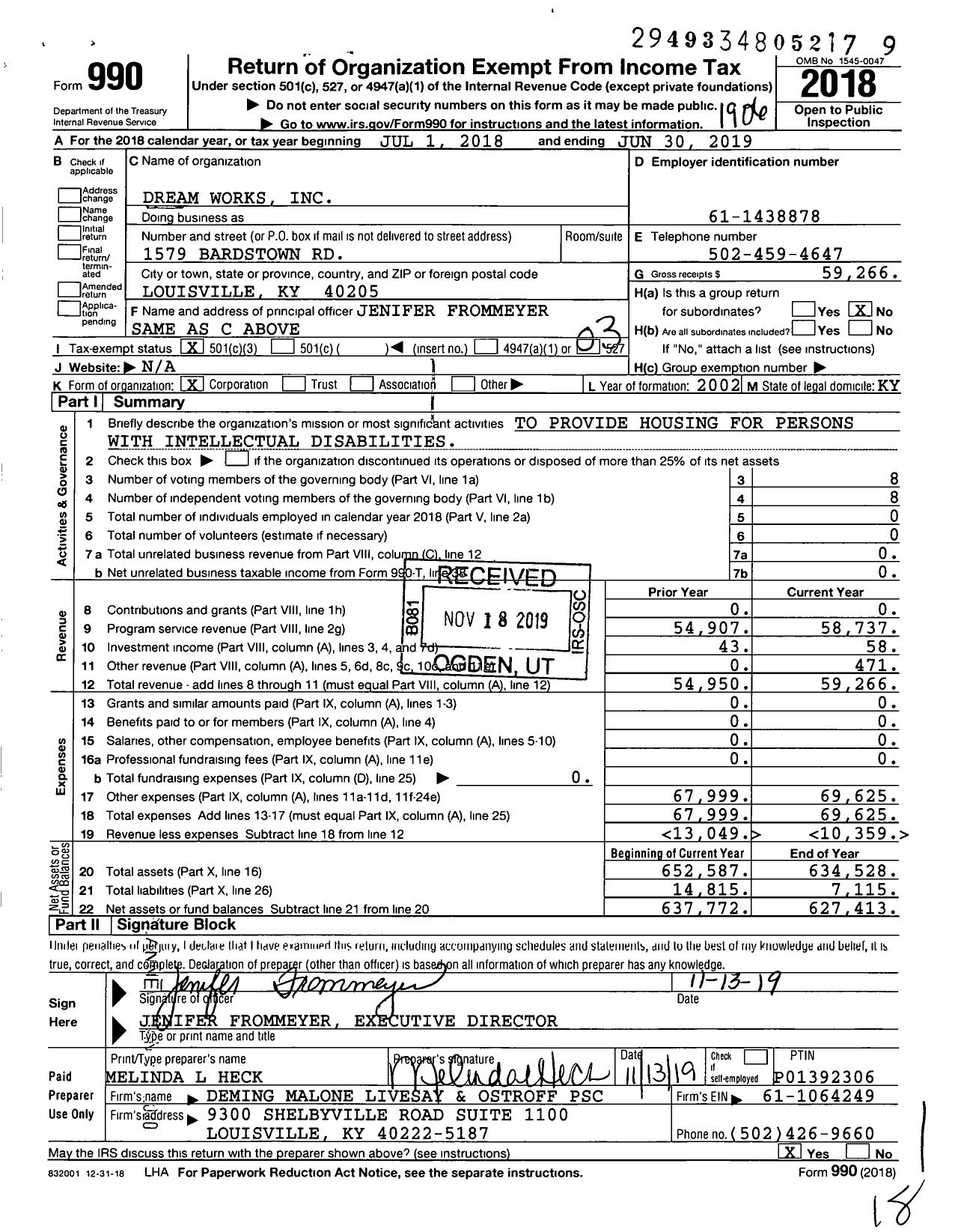 Image of first page of 2018 Form 990 for Dream Works