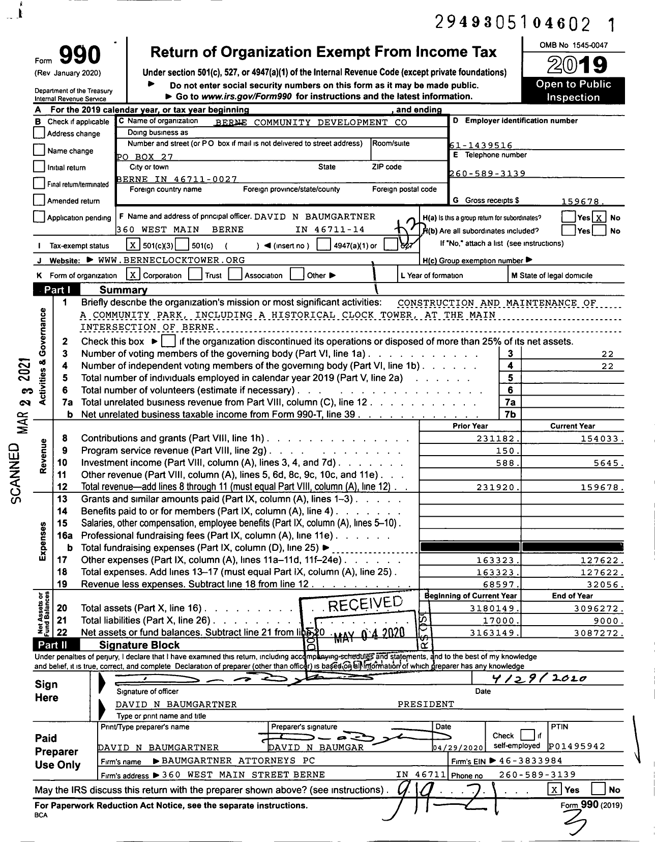 Image of first page of 2019 Form 990 for Berne Community Development