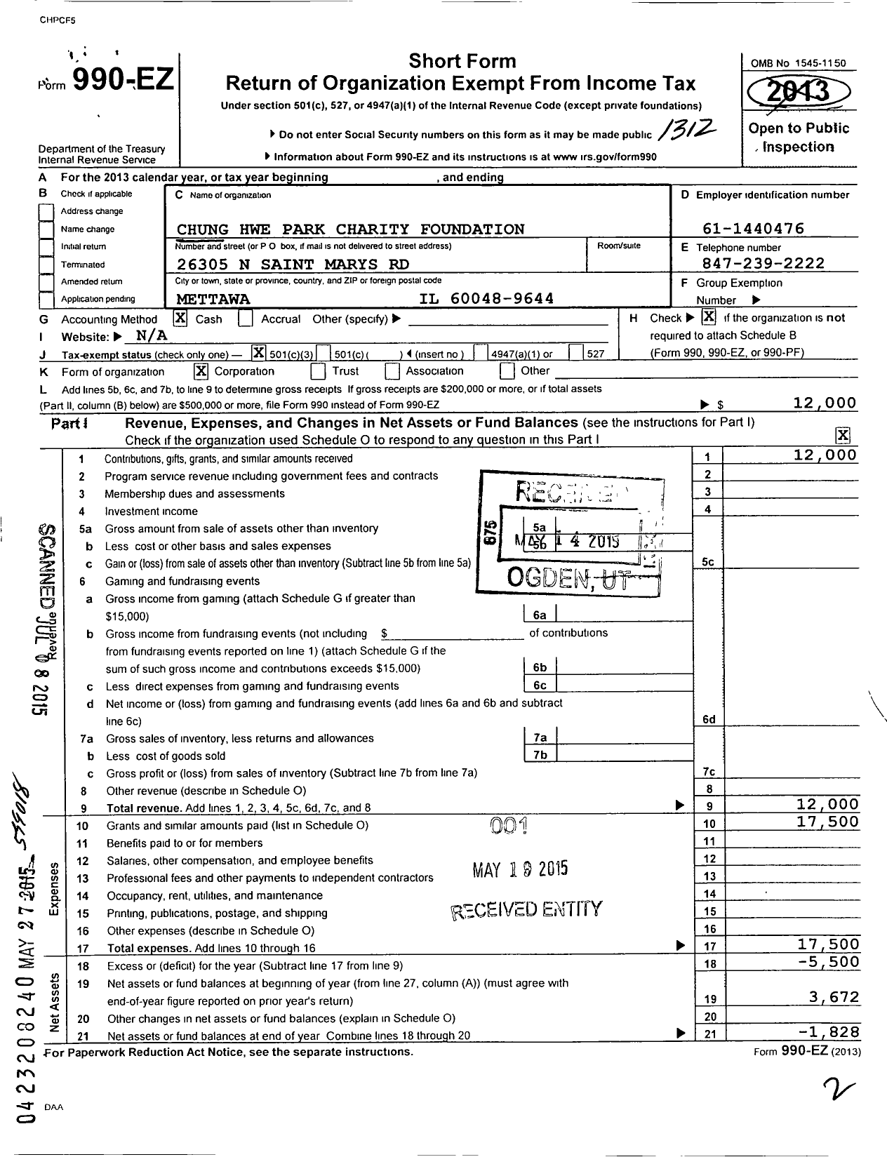 Image of first page of 2013 Form 990EZ for Chung Hwe Park Charity Foundation