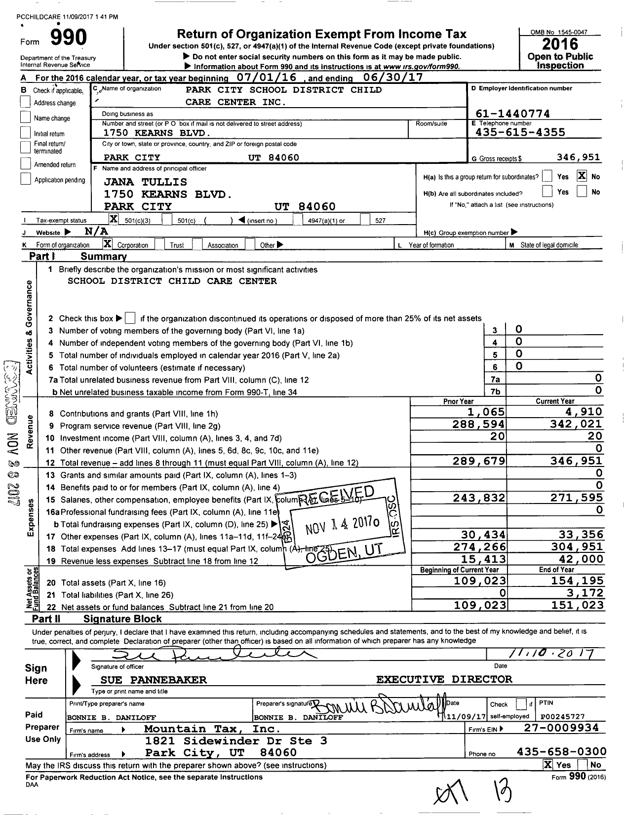 Image of first page of 2016 Form 990 for Park City School District Child Care Center