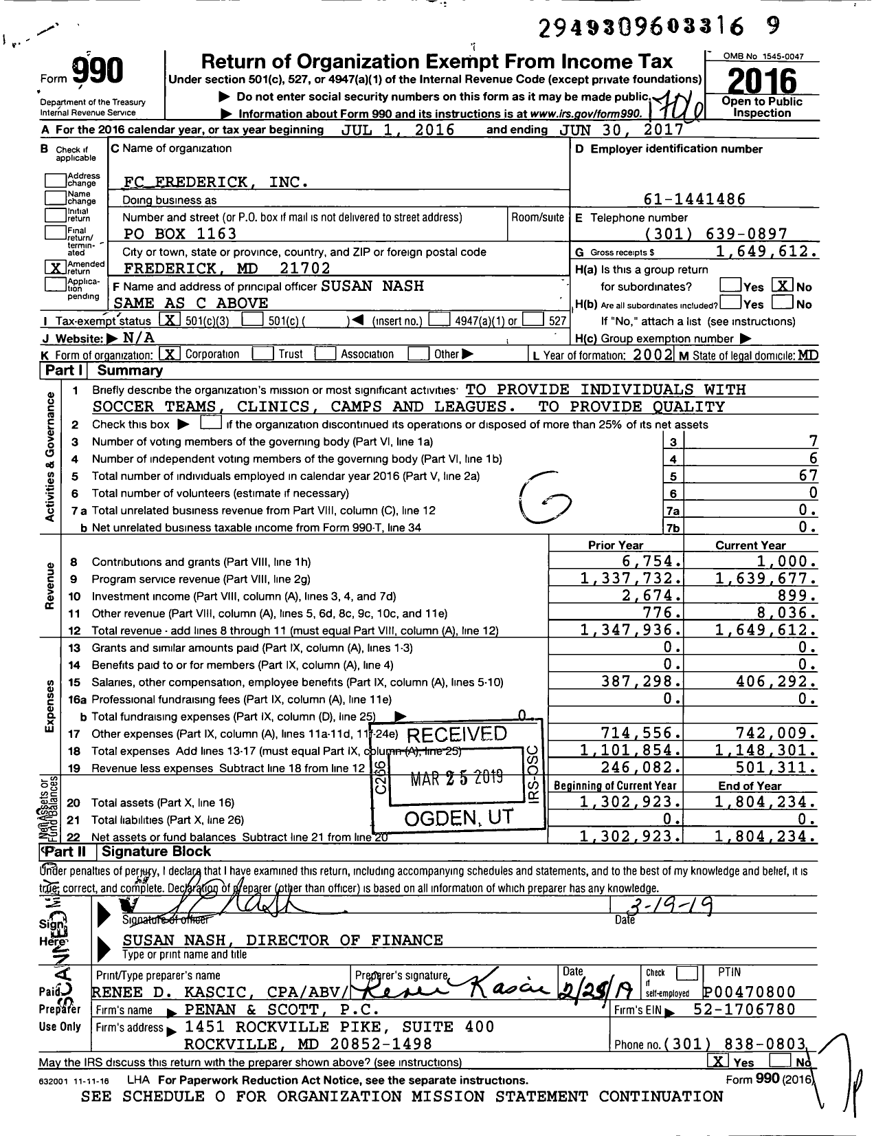 Image of first page of 2016 Form 990 for FC Frederick
