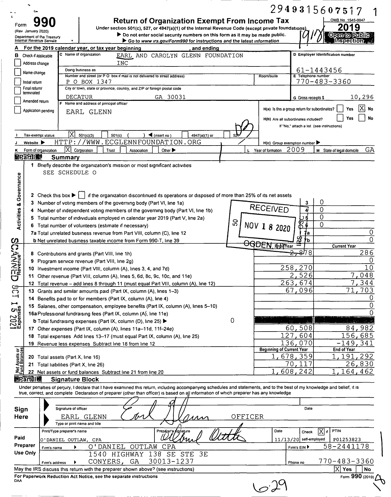 Image of first page of 2019 Form 990 for Earl and Carolyn Glenn Foundation