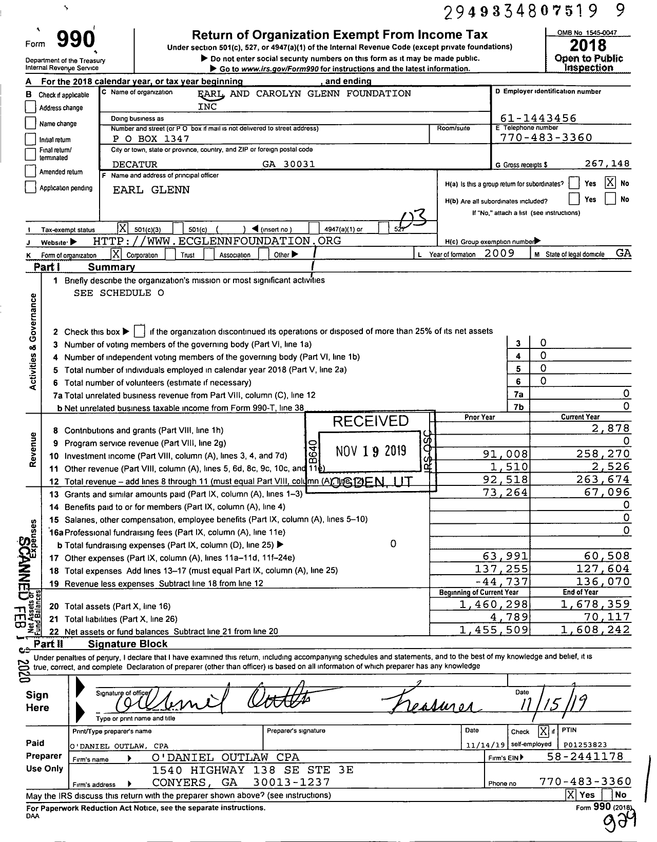 Image of first page of 2018 Form 990 for Earl and Carolyn Glenn Foundation