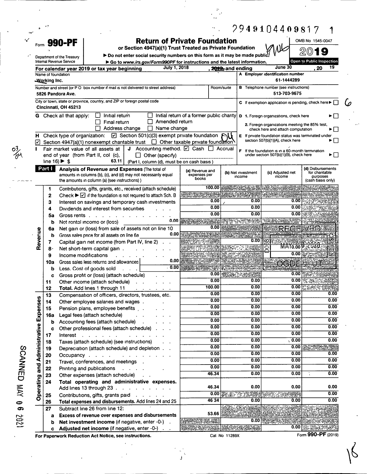 Image of first page of 2018 Form 990PF for Working