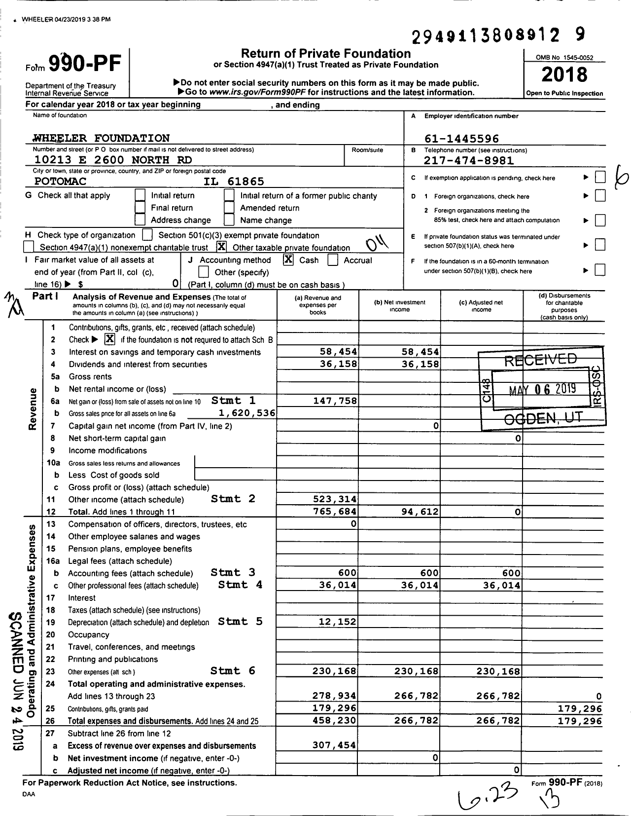 Image of first page of 2018 Form 990PF for Wheeler Foundation