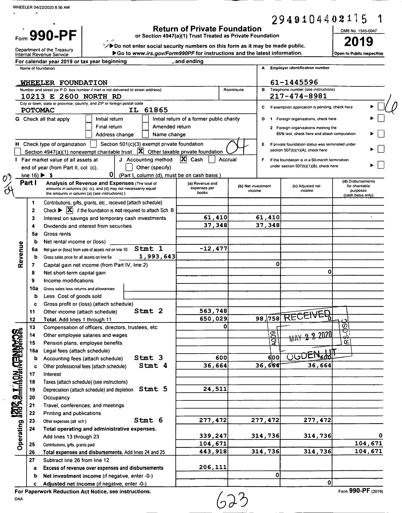 Image of first page of 2019 Form 990PF for Wheeler Foundation