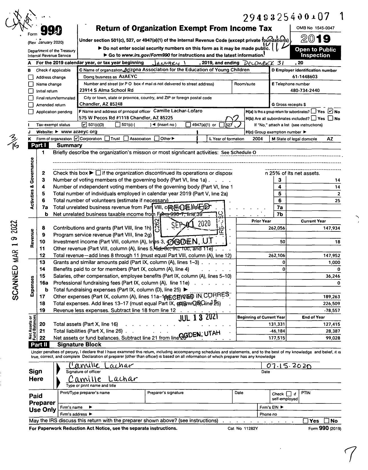 Image of first page of 2019 Form 990 for Arizona Association for the Education of Young Children (AZAEYC)