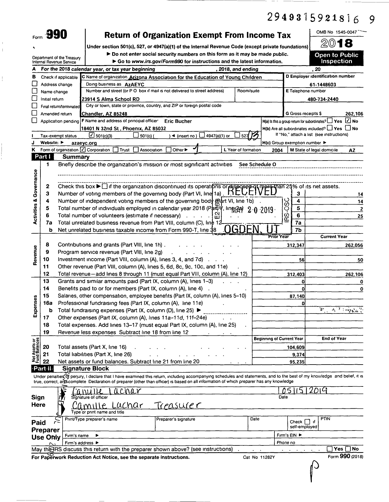 Image of first page of 2018 Form 990 for Arizona Association for the Education of Young Children (AZAEYC)