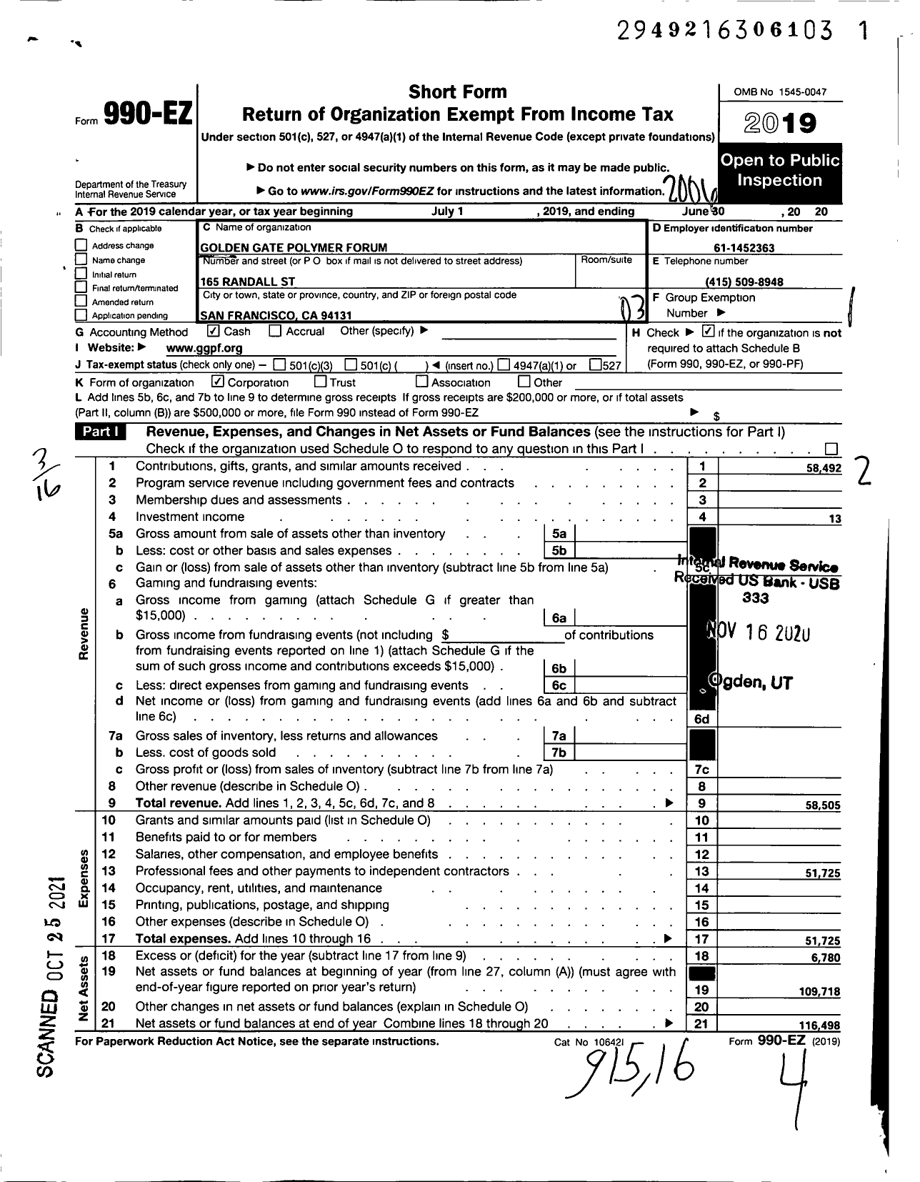 Image of first page of 2019 Form 990EZ for Golden Gate Polymer Forum