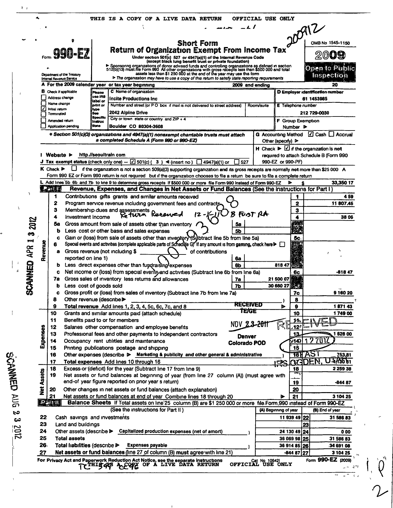 Image of first page of 2009 Form 990EZ for Incite Productions