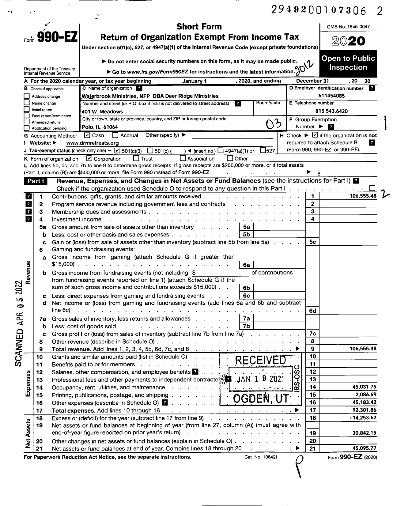 Image of first page of 2020 Form 990EZ for Deer Ridge MINISTRIES