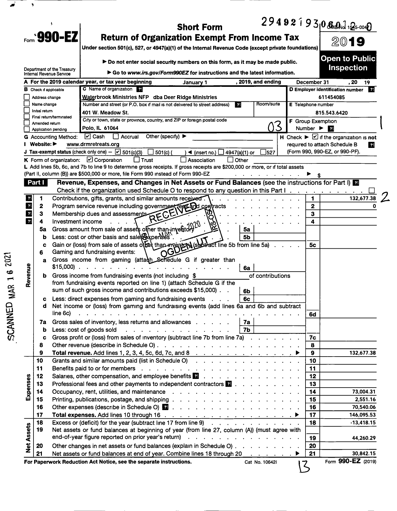 Image of first page of 2019 Form 990EZ for Deer Ridge MINISTRIES