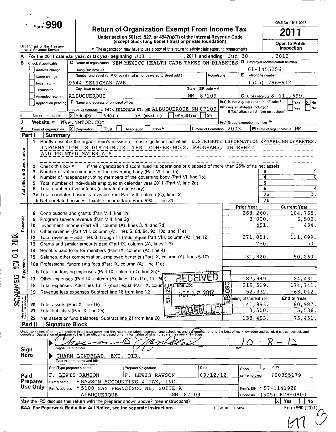 Image of first page of 2011 Form 990 for New Mexico Health Care Takes on Diabetes