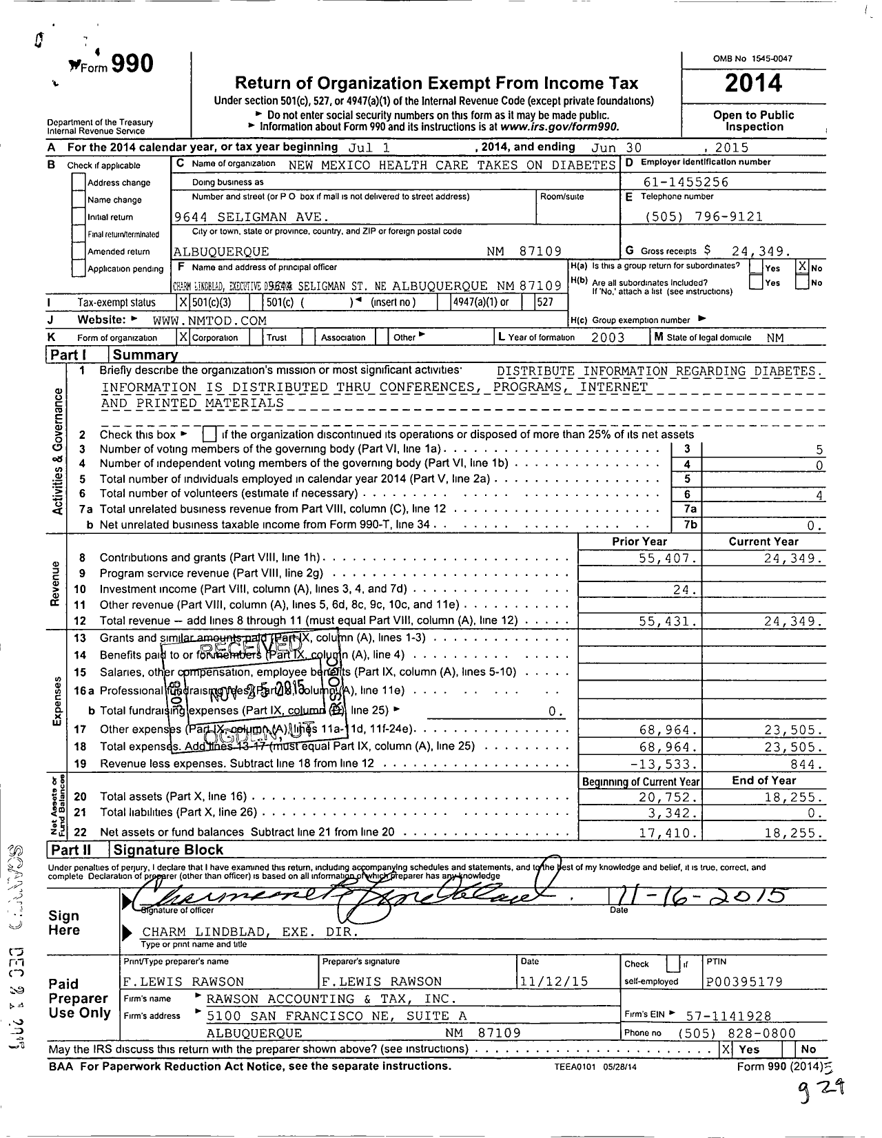 Image of first page of 2014 Form 990 for New Mexico Health Care Takes on Diabetes