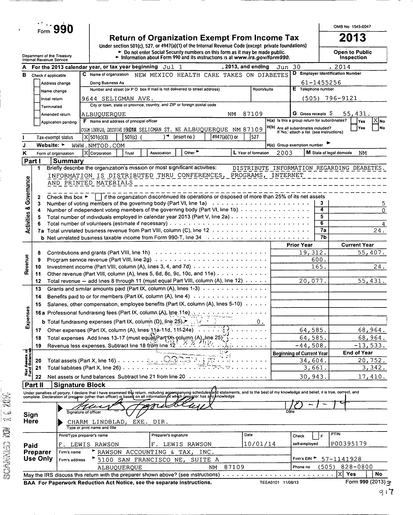 Image of first page of 2013 Form 990 for New Mexico Health Care Takes on Diabetes