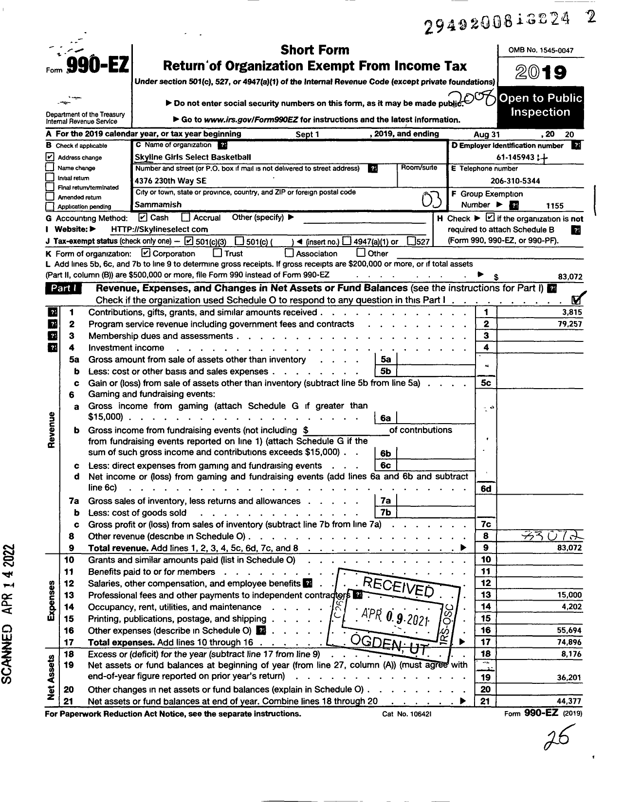 Image of first page of 2019 Form 990EZ for Amateur Athletic Union - Skyline Girls Select Basketball