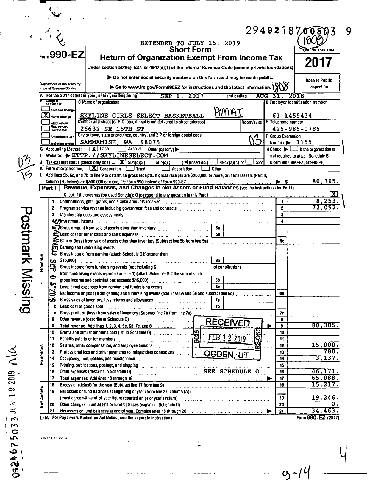 Image of first page of 2017 Form 990EZ for Amateur Athletic Union - Skyline Girls Select Basketball