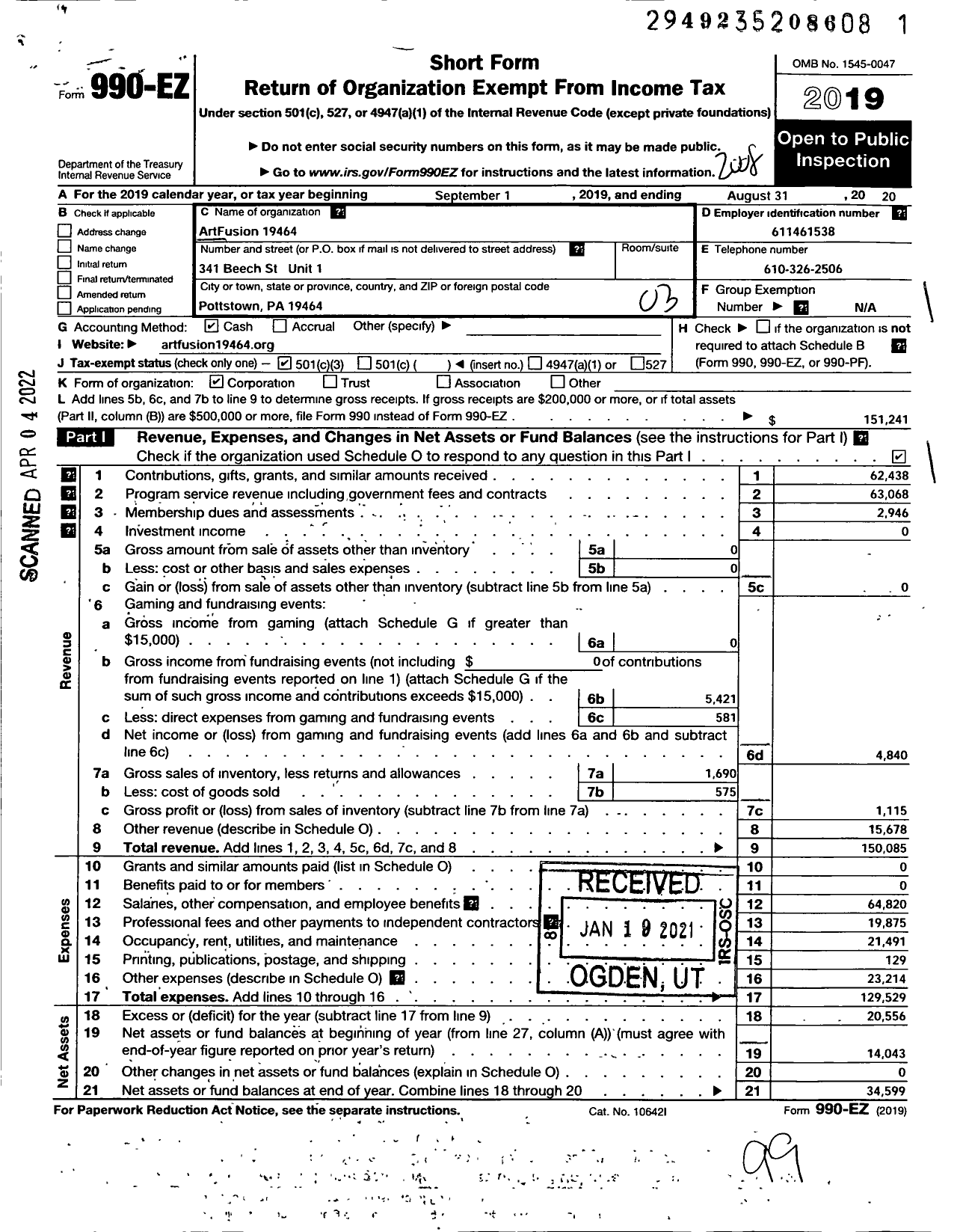 Image of first page of 2019 Form 990EZ for Artfusion Fusion 19464