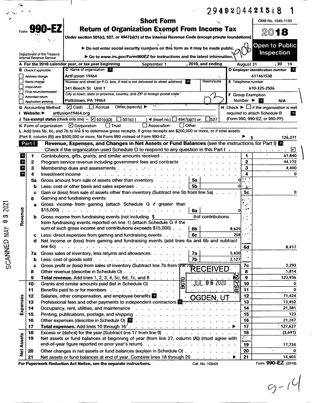 Image of first page of 2018 Form 990EZ for Artfusion Fusion 19464