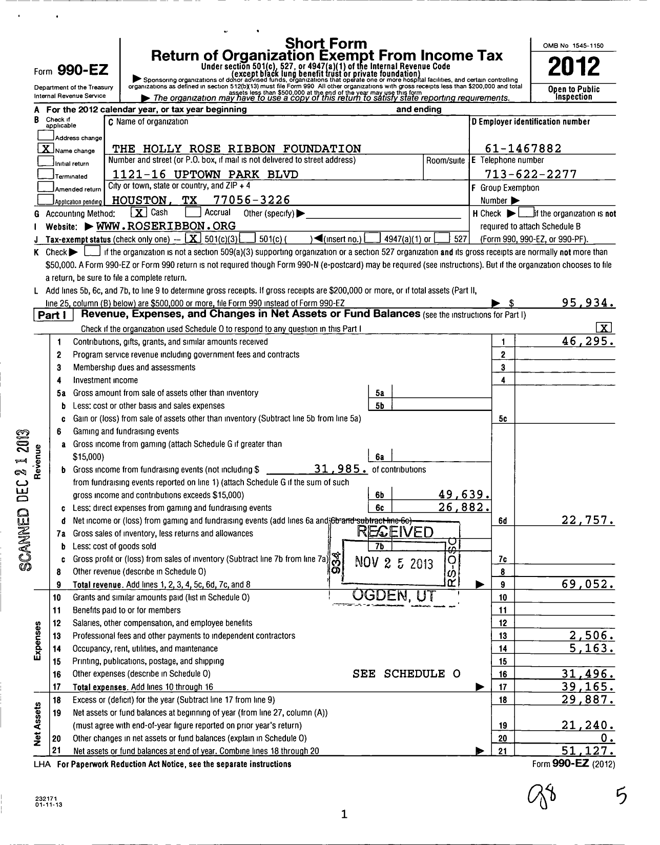 Image of first page of 2012 Form 990EZ for The Holly Rose Ribbon Foundation