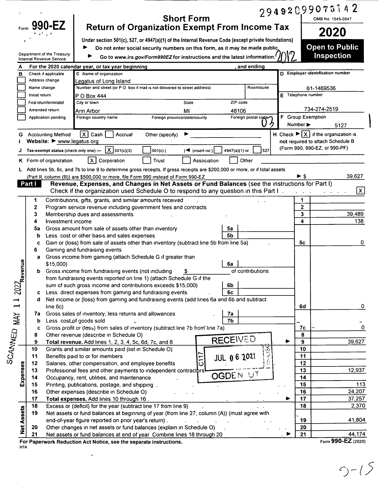 Image of first page of 2020 Form 990EZ for Legatus of Long Island