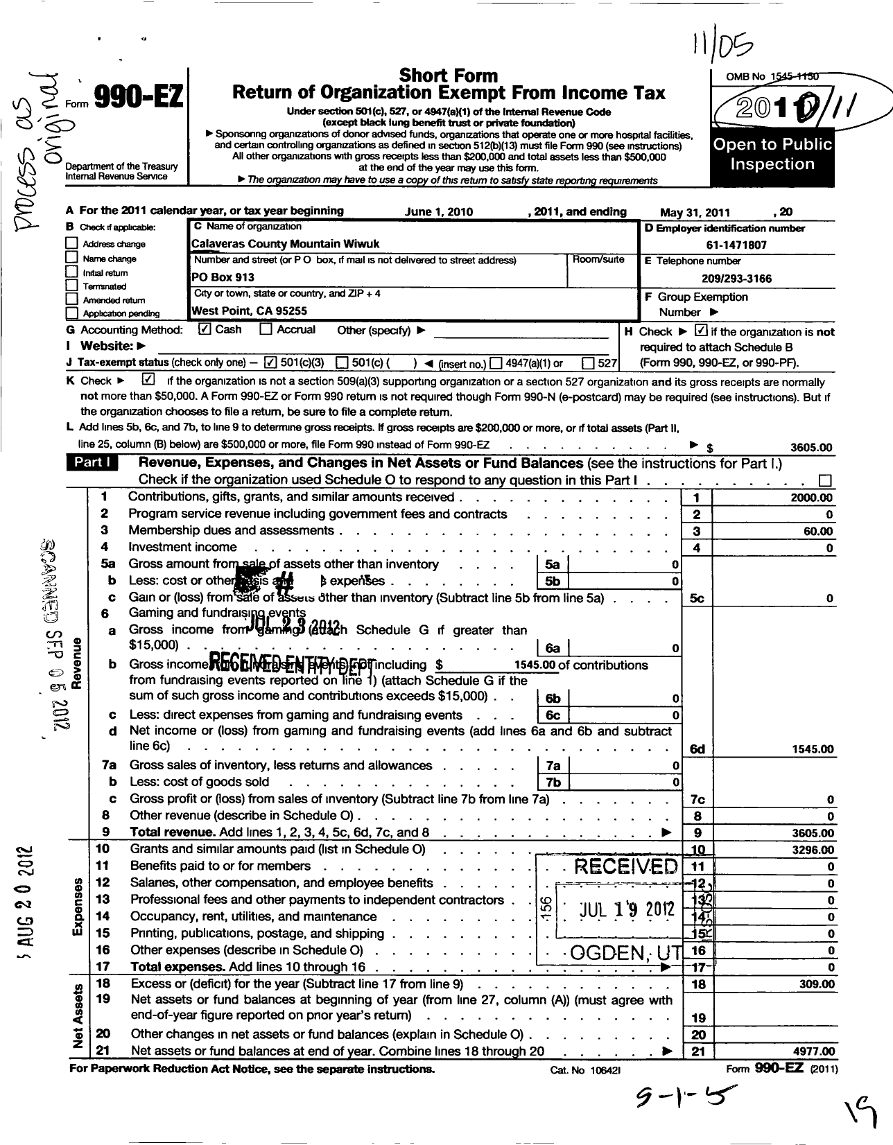 Image of first page of 2010 Form 990EZ for Calaveras County Mountain Miwok