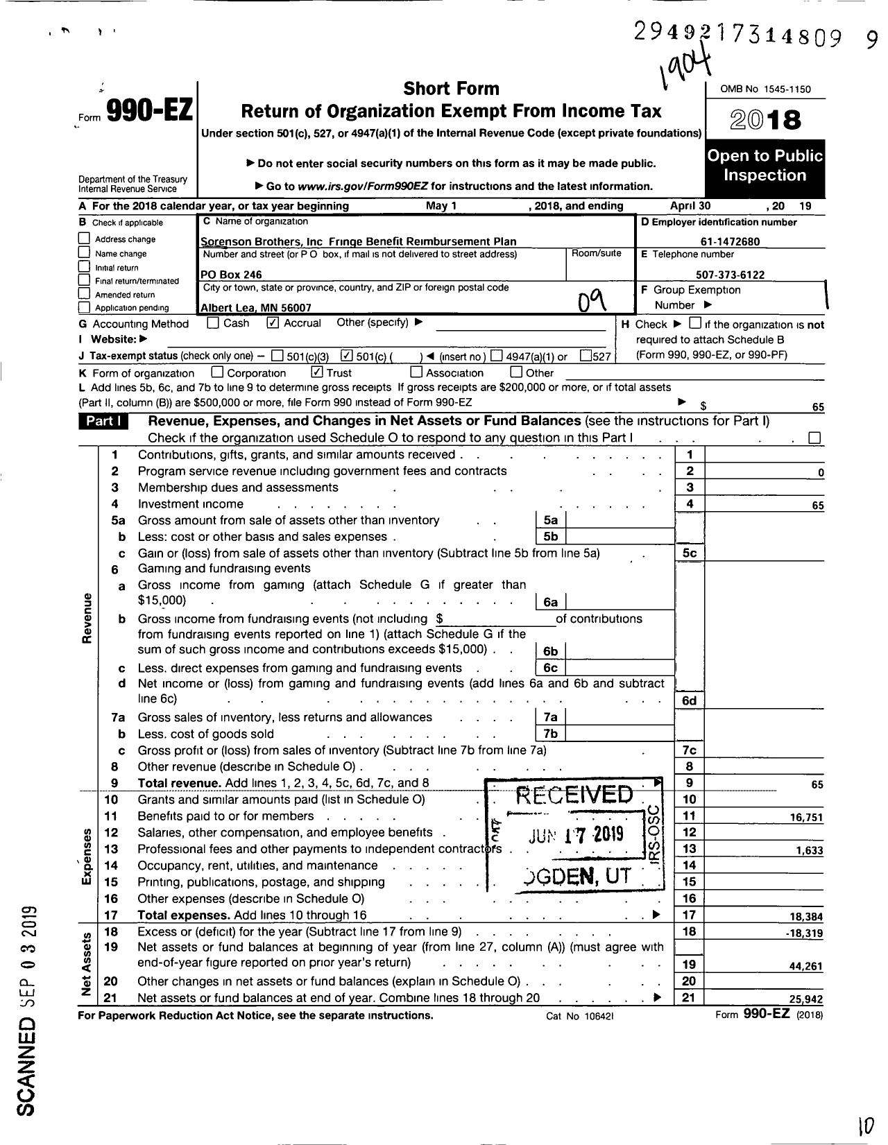 Image of first page of 2018 Form 990EO for Sorensen Brothers Fringe Benefit Reimbursement Plan