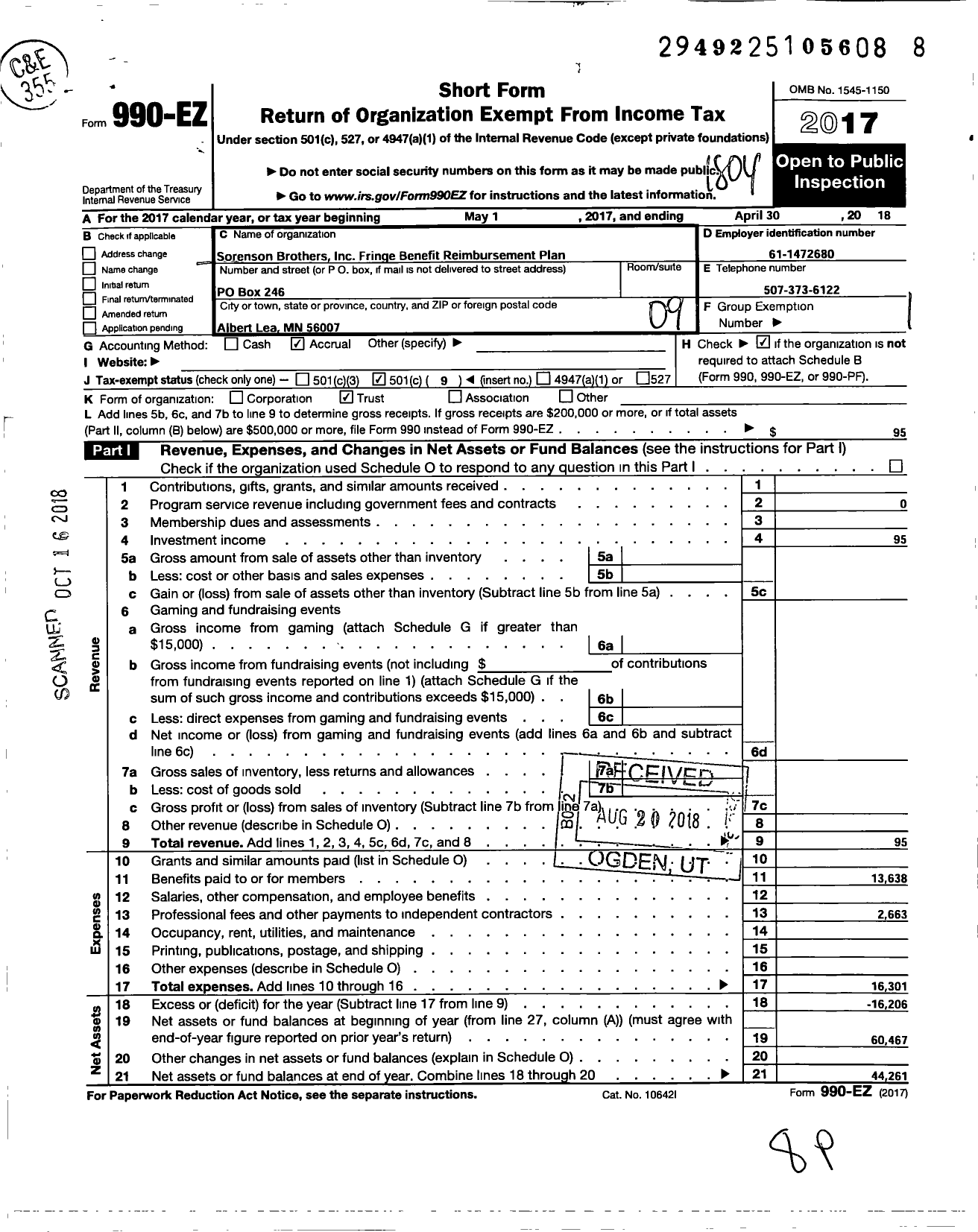 Image of first page of 2017 Form 990EO for Sorensen Brothers Fringe Benefit Reimbursement Plan