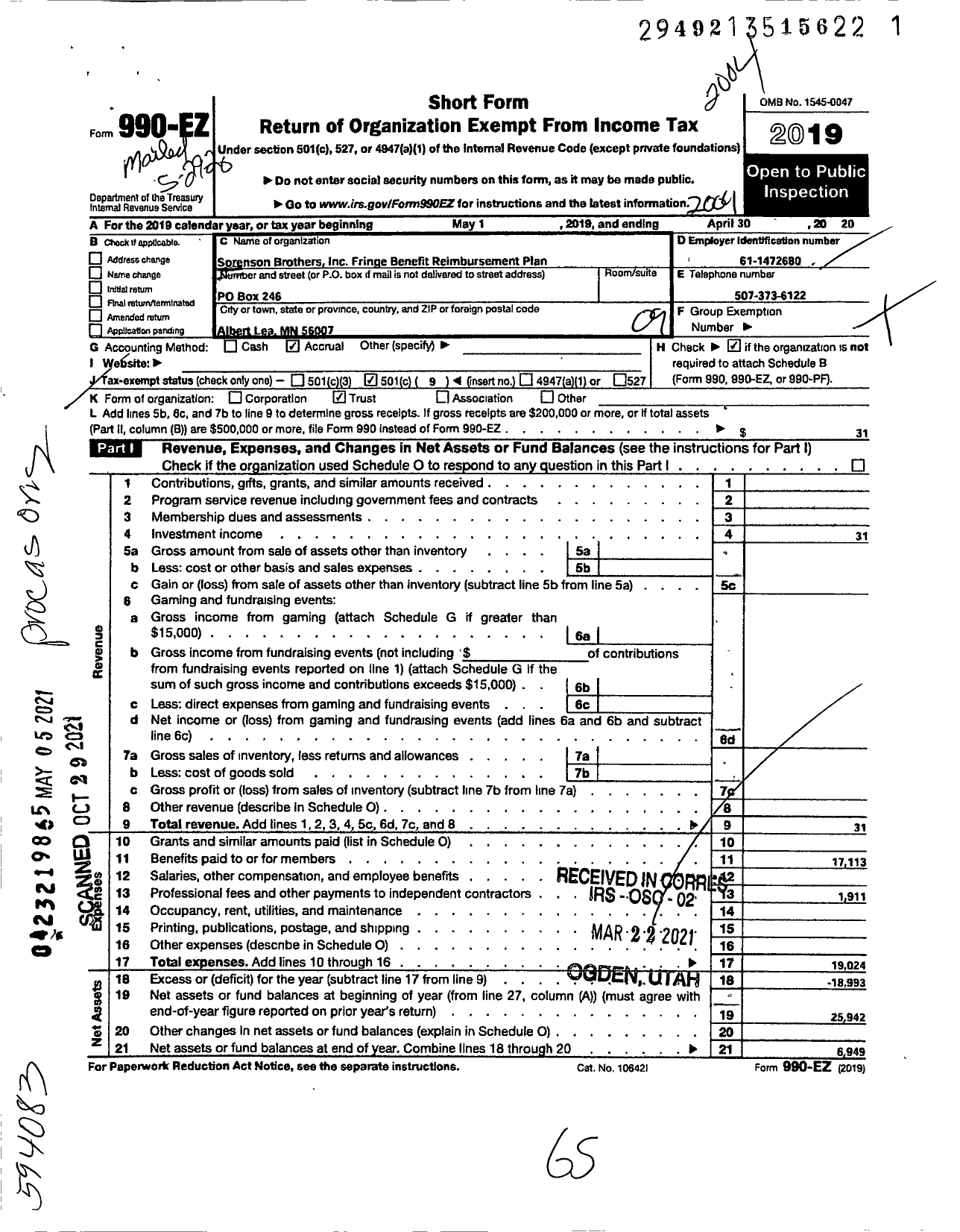 Image of first page of 2019 Form 990EO for Sorensen Brothers Fringe Benefit Reimbursement Plan