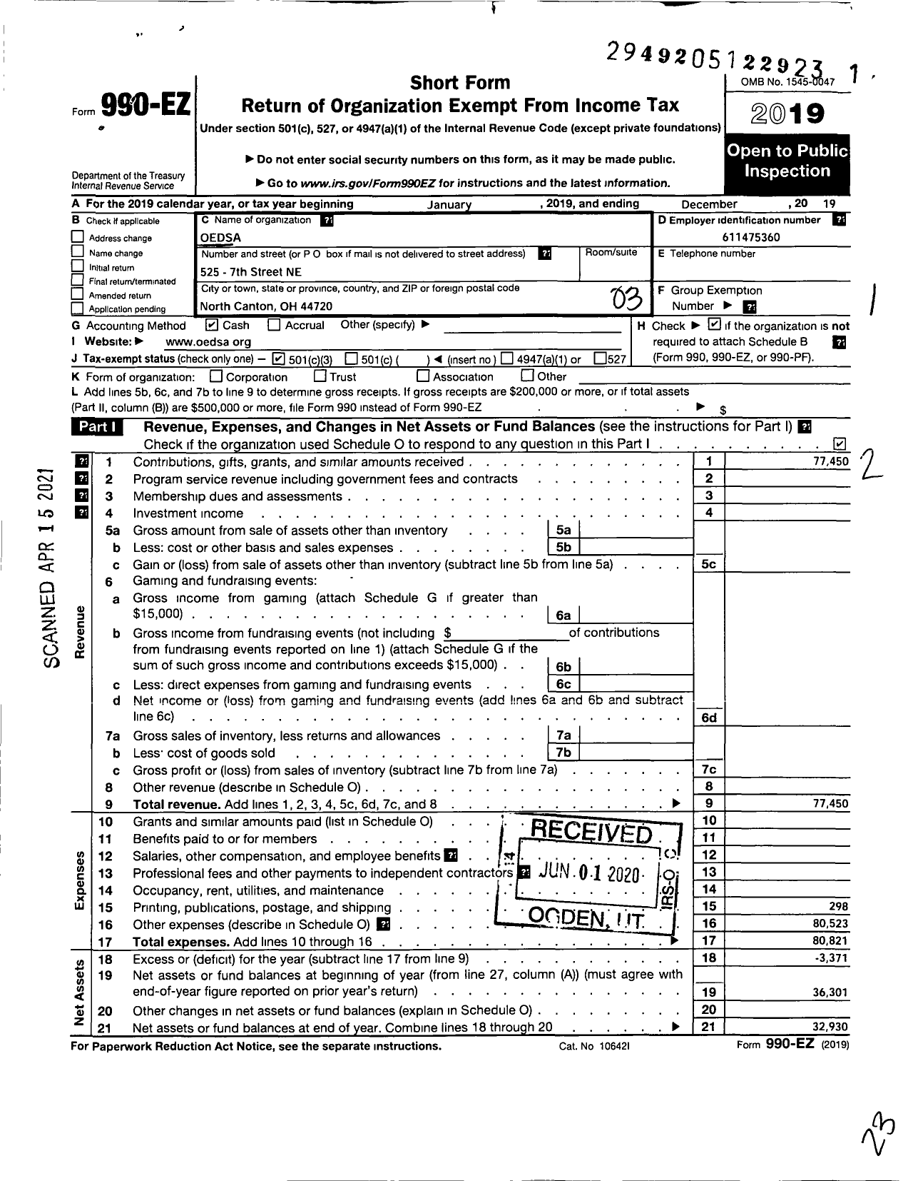 Image of first page of 2019 Form 990EZ for Ohio Education Data Systems Association (OEDSA)