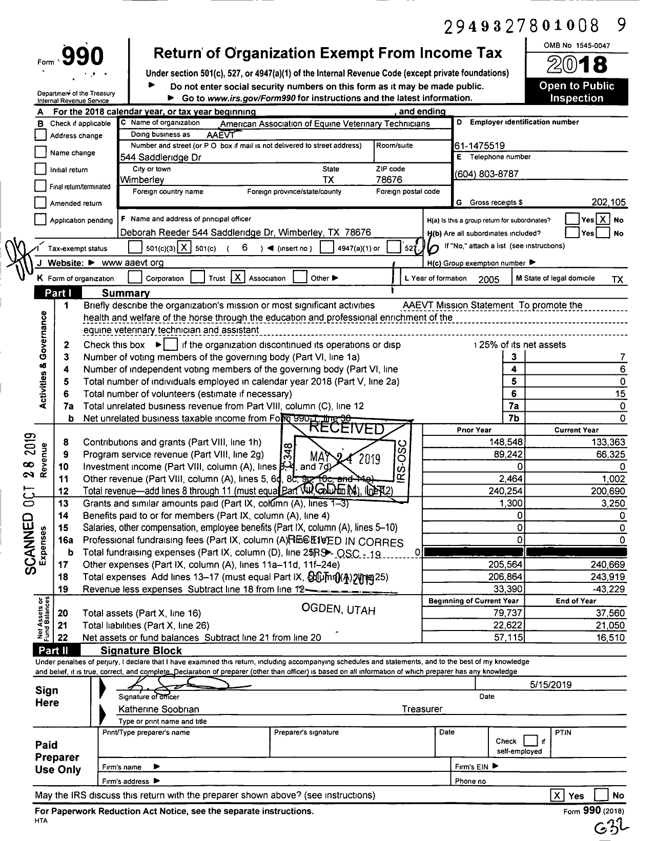 Image of first page of 2018 Form 990O for American Association of Equine Veterinary Technicians