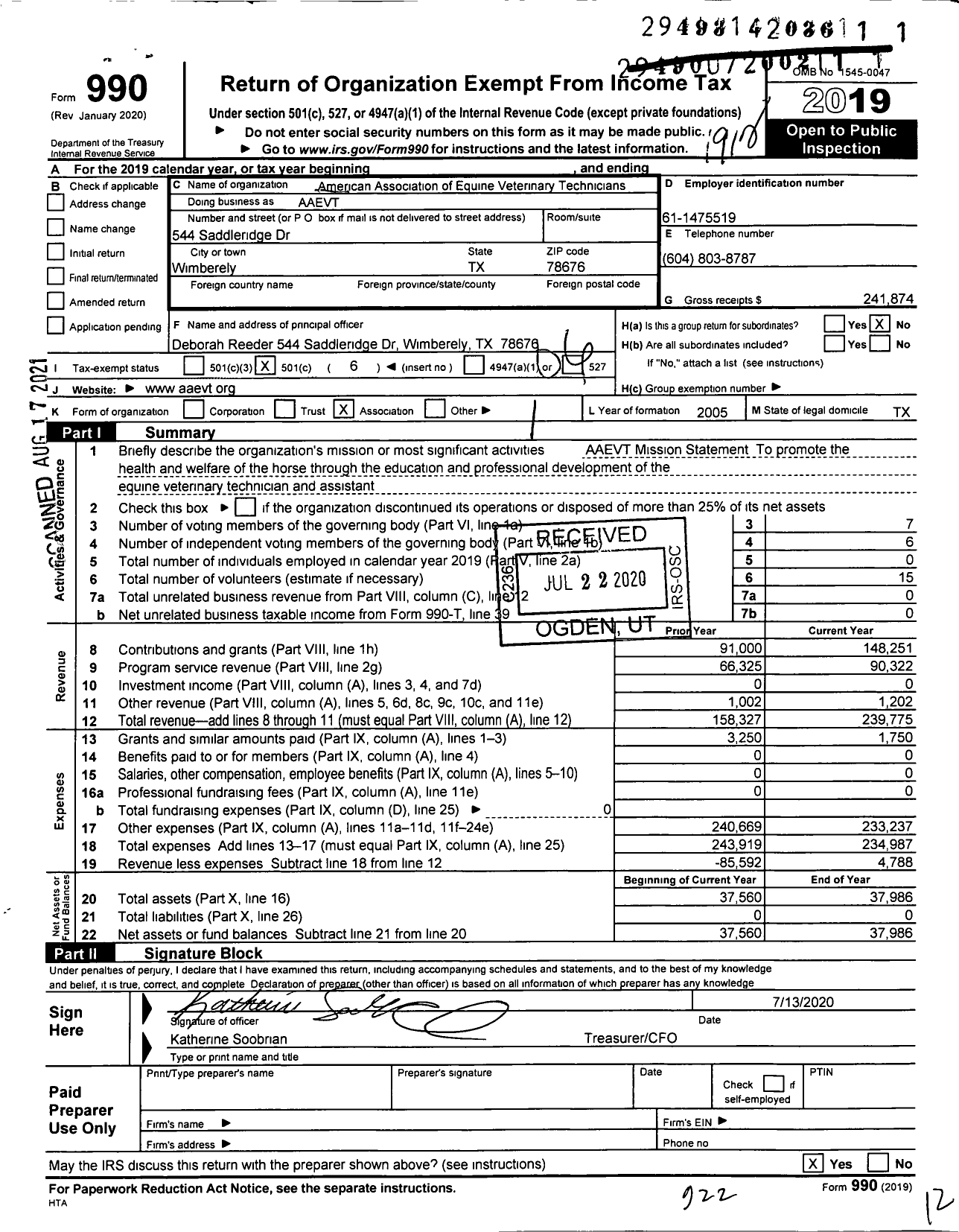 Image of first page of 2019 Form 990O for American Association of Equine Veterinary Technicians