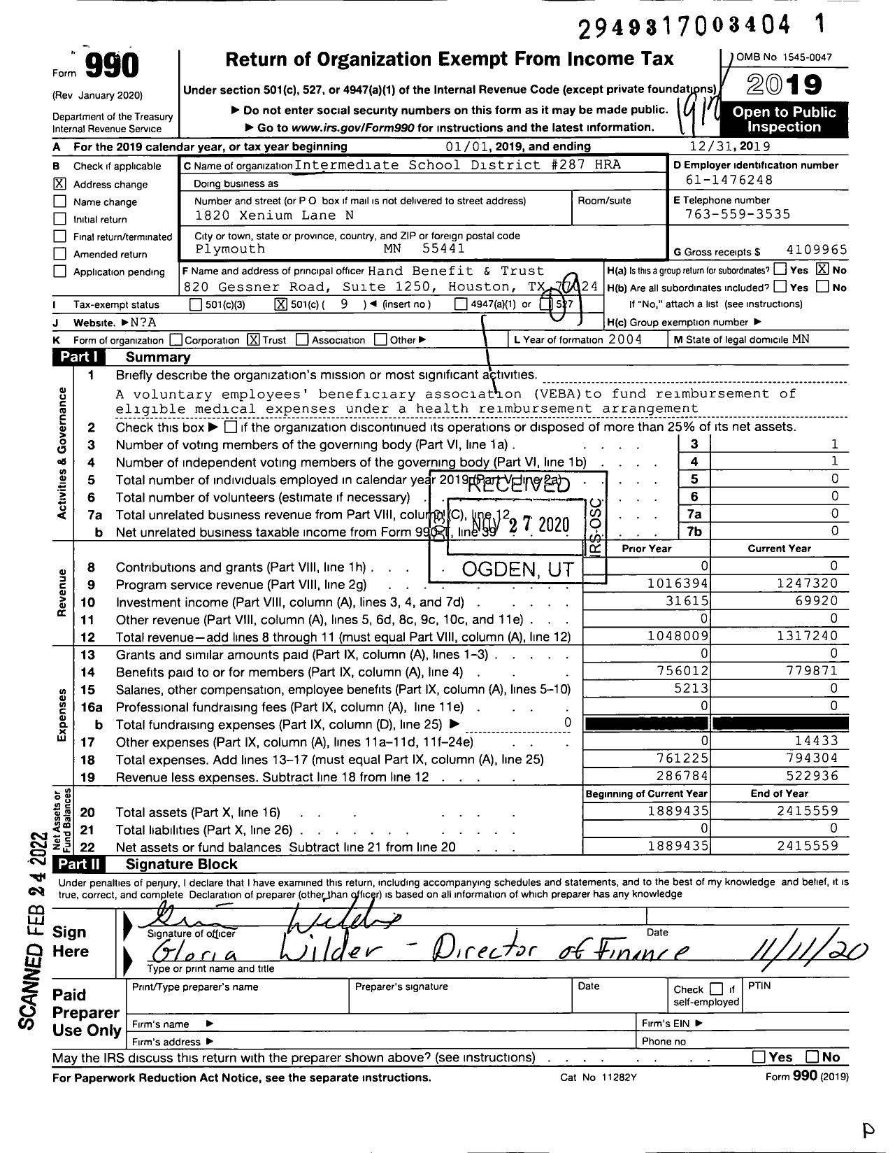 Image of first page of 2019 Form 990O for Intermediate School District #287 HRA