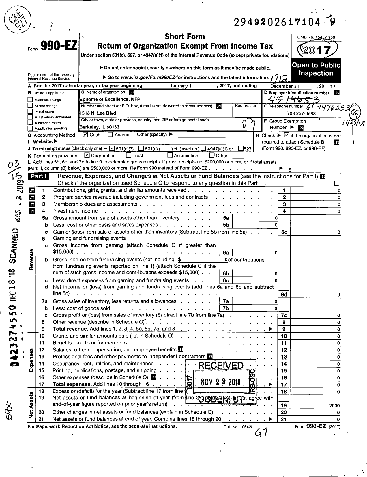 Image of first page of 2017 Form 990EZ for Epitome of Excellence NFP