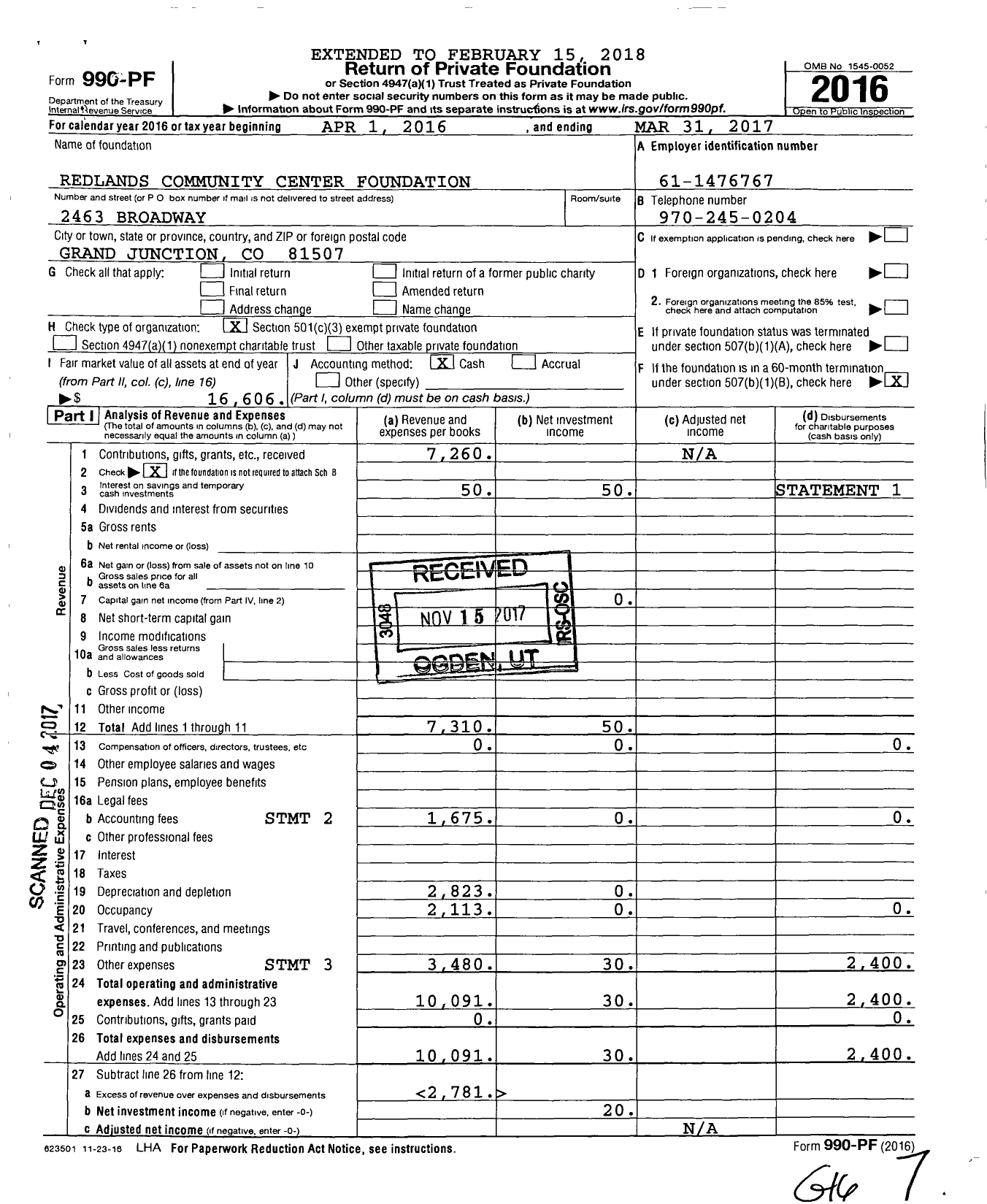 Image of first page of 2016 Form 990PF for Redlands Community Center Foundation