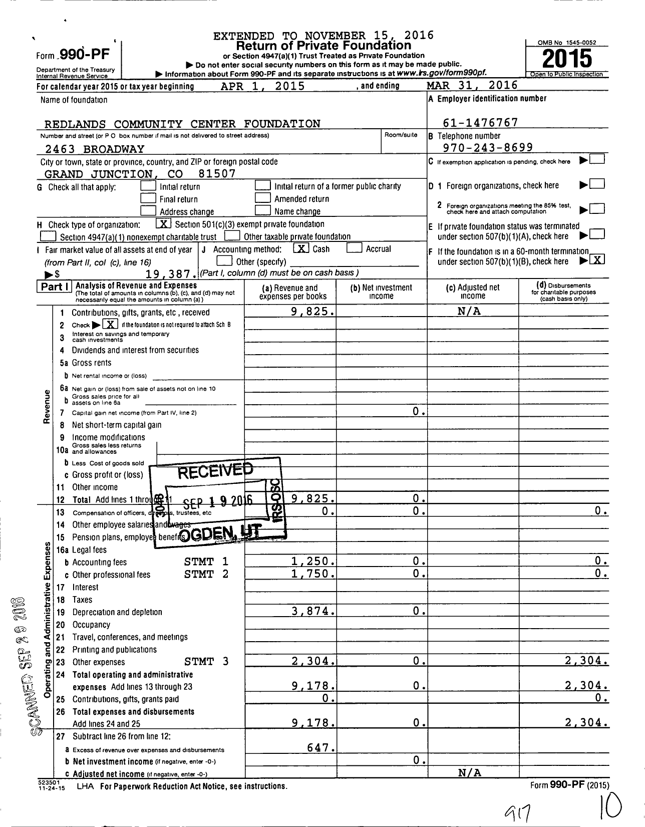 Image of first page of 2015 Form 990PF for Redlands Community Center Foundation