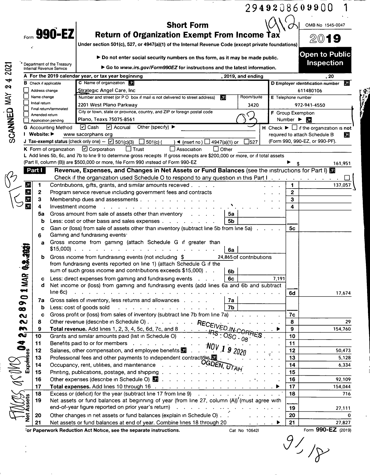 Image of first page of 2019 Form 990EZ for Strategic Angel Care