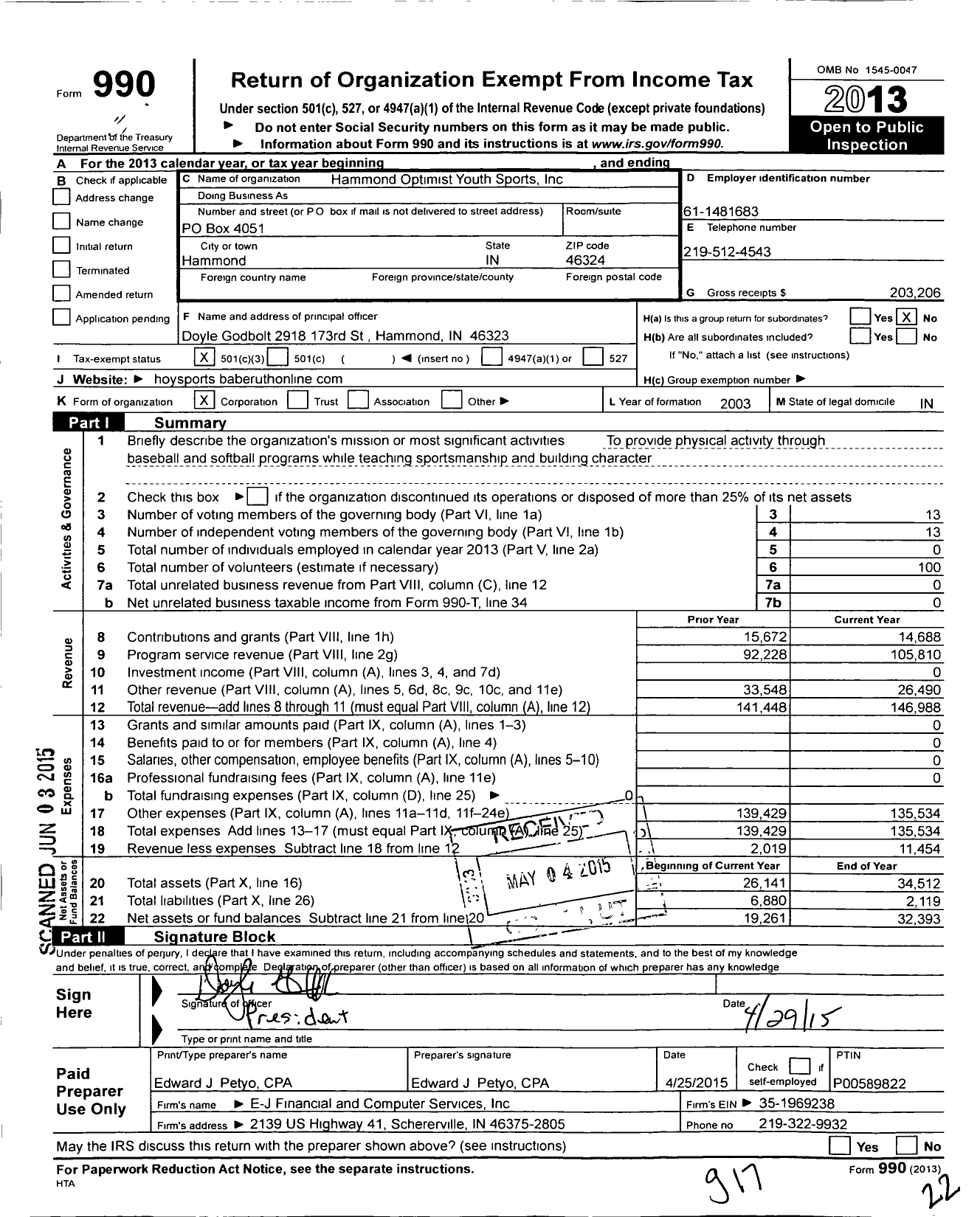 Image of first page of 2013 Form 990 for Hammond Optimist Youth Sports