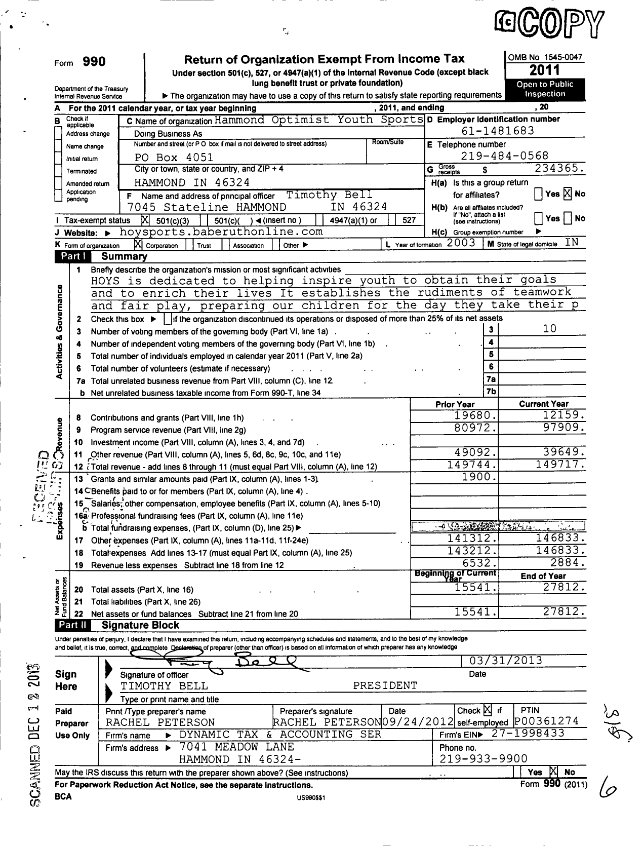 Image of first page of 2011 Form 990 for Hammond Optimist Youth Sports