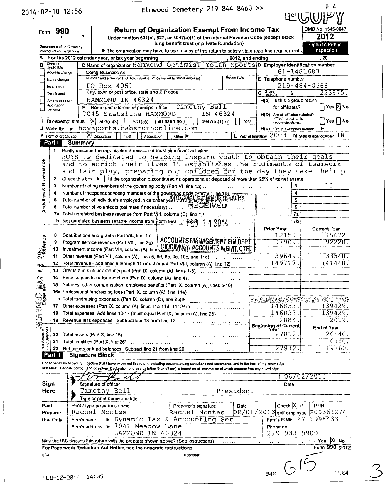 Image of first page of 2012 Form 990 for Hammond Optimist Youth Sports