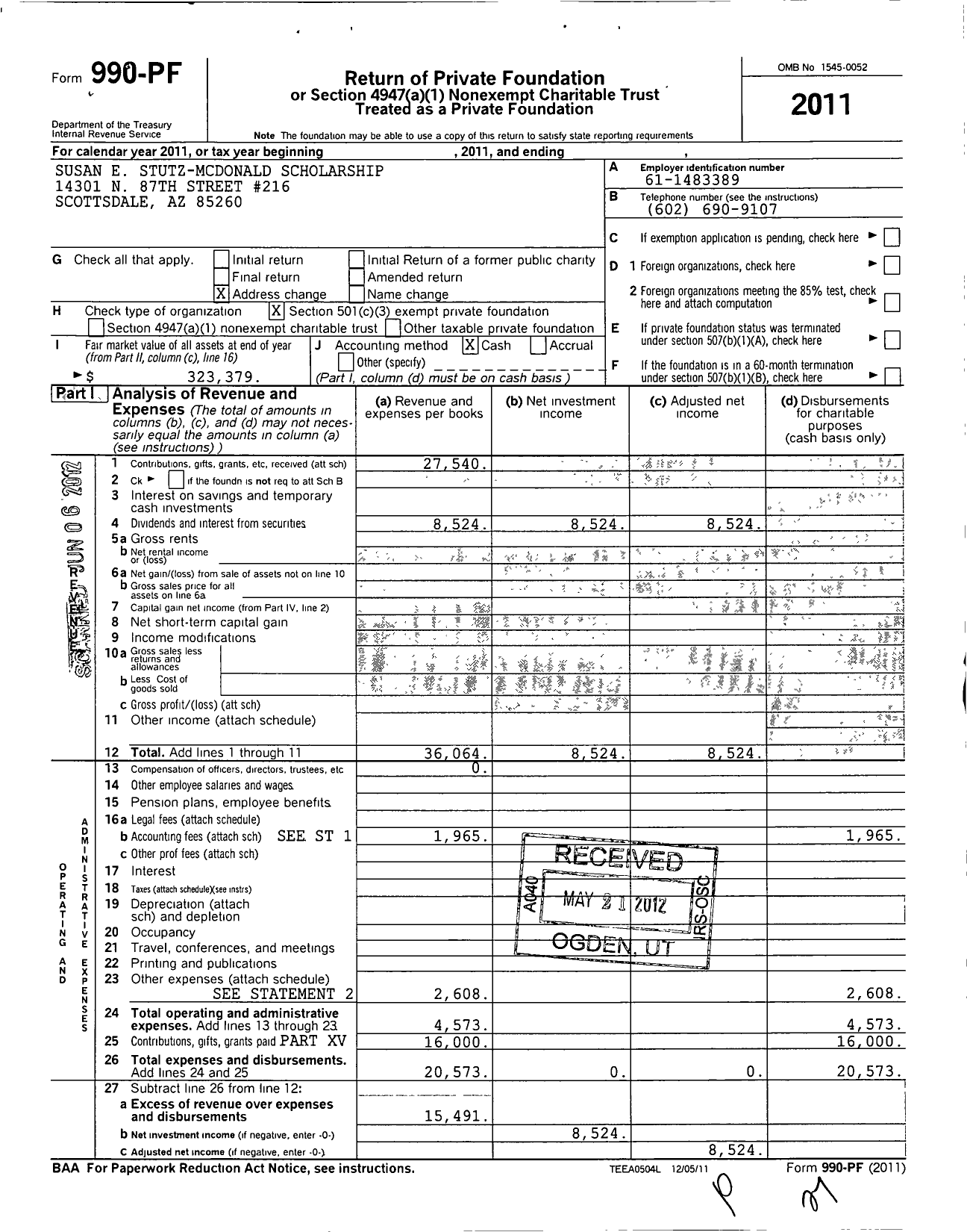 Image of first page of 2011 Form 990PF for Susan E Stutz-McDonald Scholarship