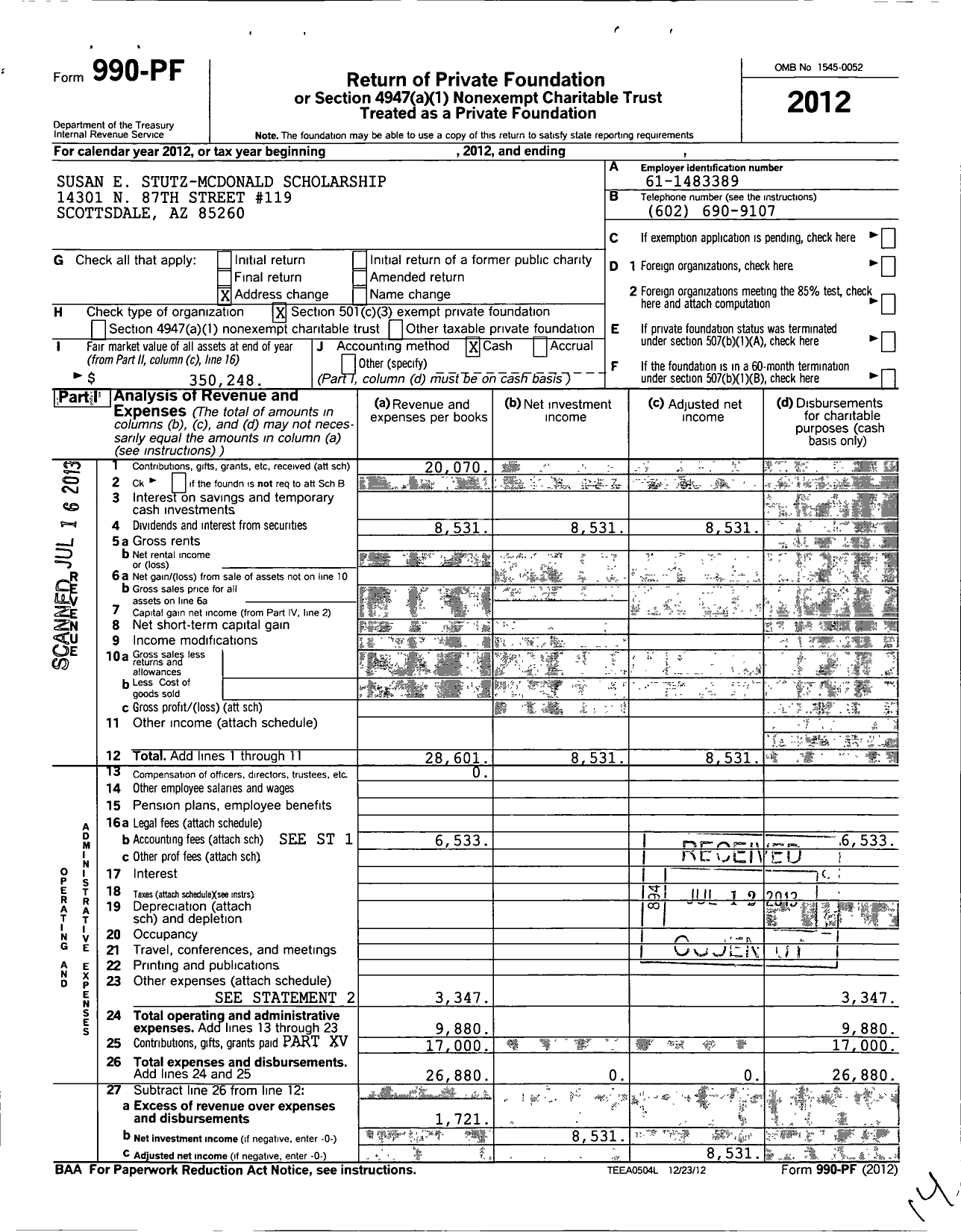 Image of first page of 2012 Form 990PF for Susan E Stutz-McDonald Scholarship