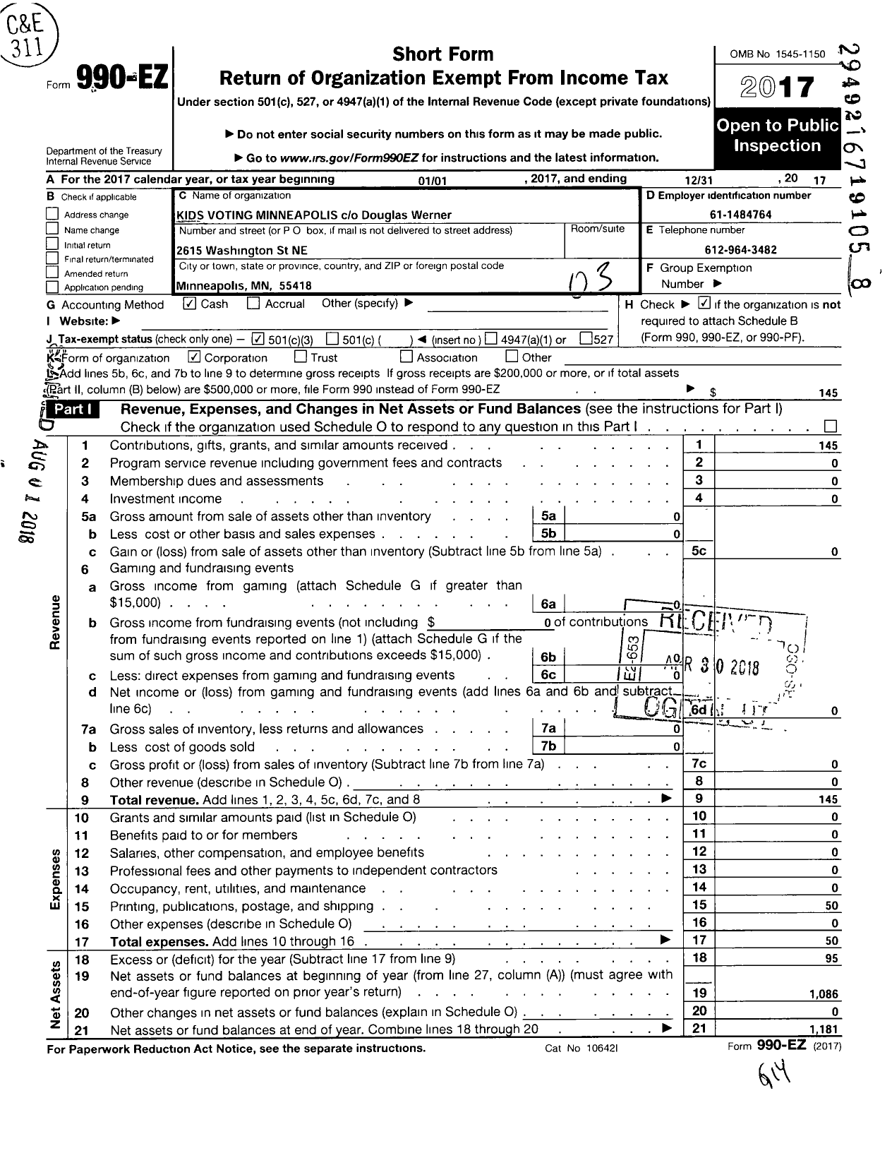 Image of first page of 2017 Form 990EZ for Kids Voting Minneapolis