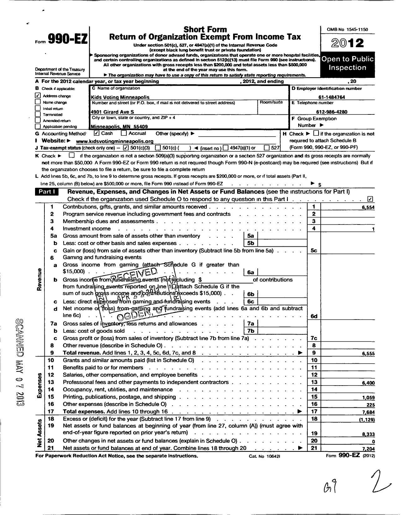 Image of first page of 2012 Form 990EZ for Kids Voting Minneapolis