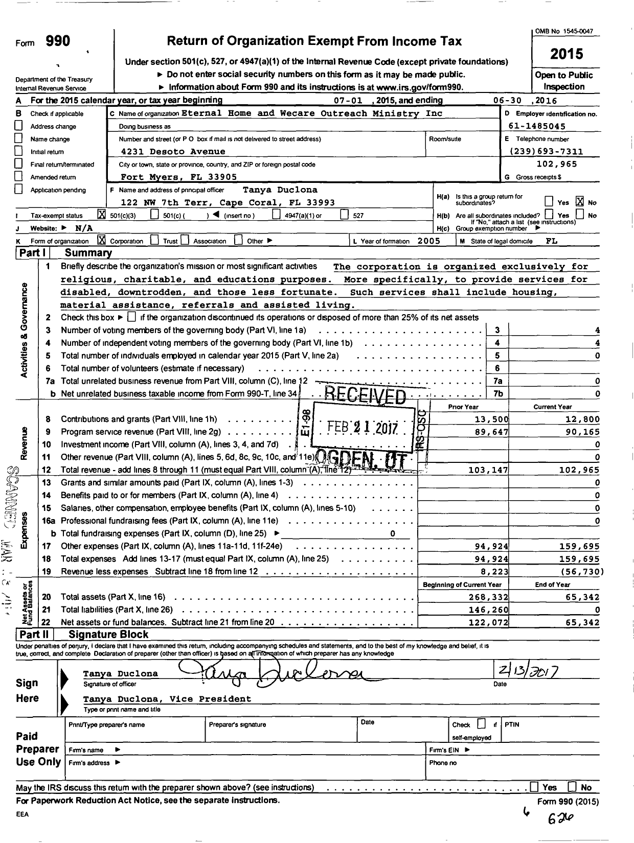 Image of first page of 2015 Form 990 for Eternal Home and Wecare Outreach Ministry