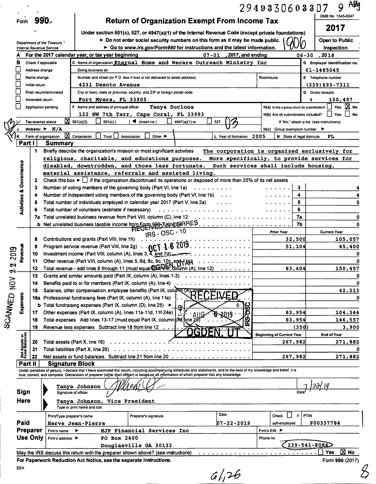 Image of first page of 2017 Form 990 for Eternal Home and Wecare Outreach Ministry