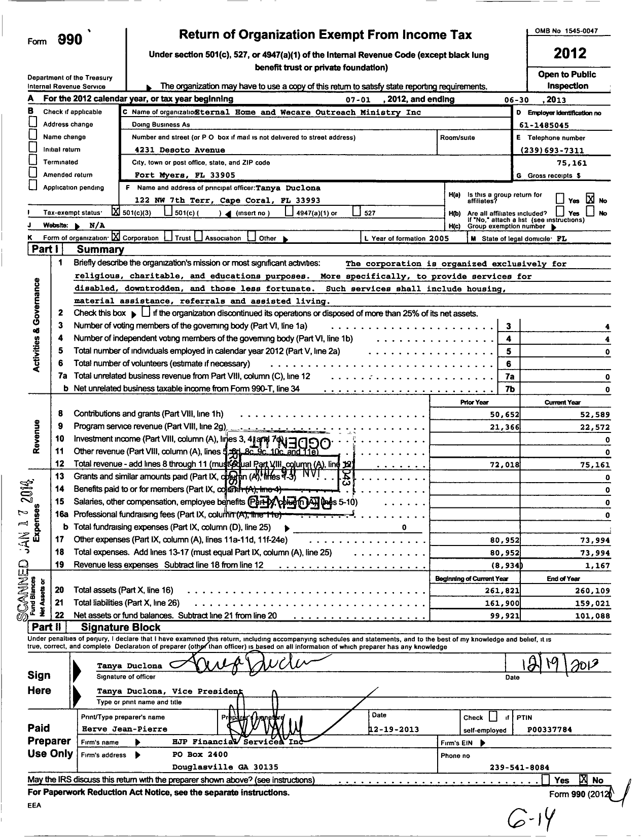 Image of first page of 2012 Form 990 for Eternal Home and Wecare Outreach Ministry