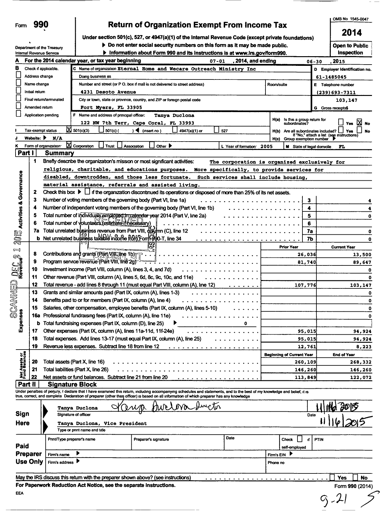 Image of first page of 2014 Form 990 for Eternal Home and Wecare Outreach Ministry